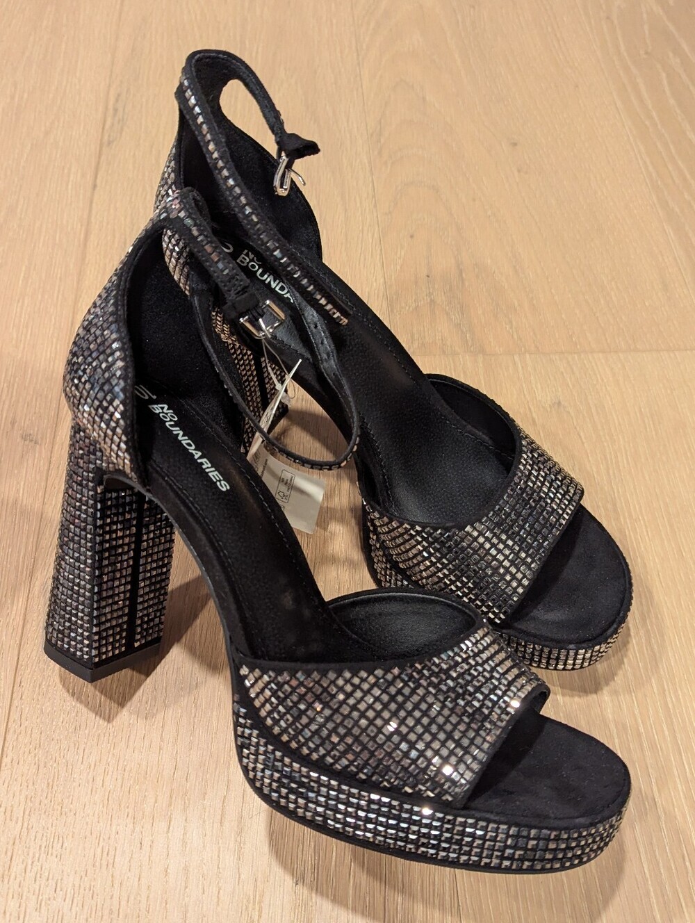 Embellished Black Platform Block Heel Sandals - Women's